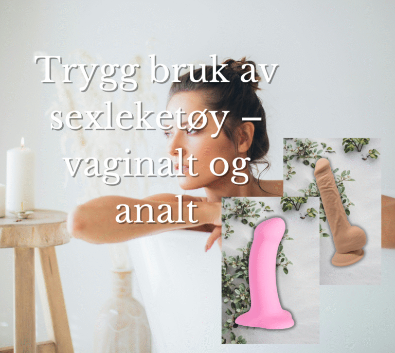 Kvinne i badekar ser tankefull ut, med to dildoer i fokus – symboliserer trygg og informert bruk av sexleketøy både vaginalt og analt.