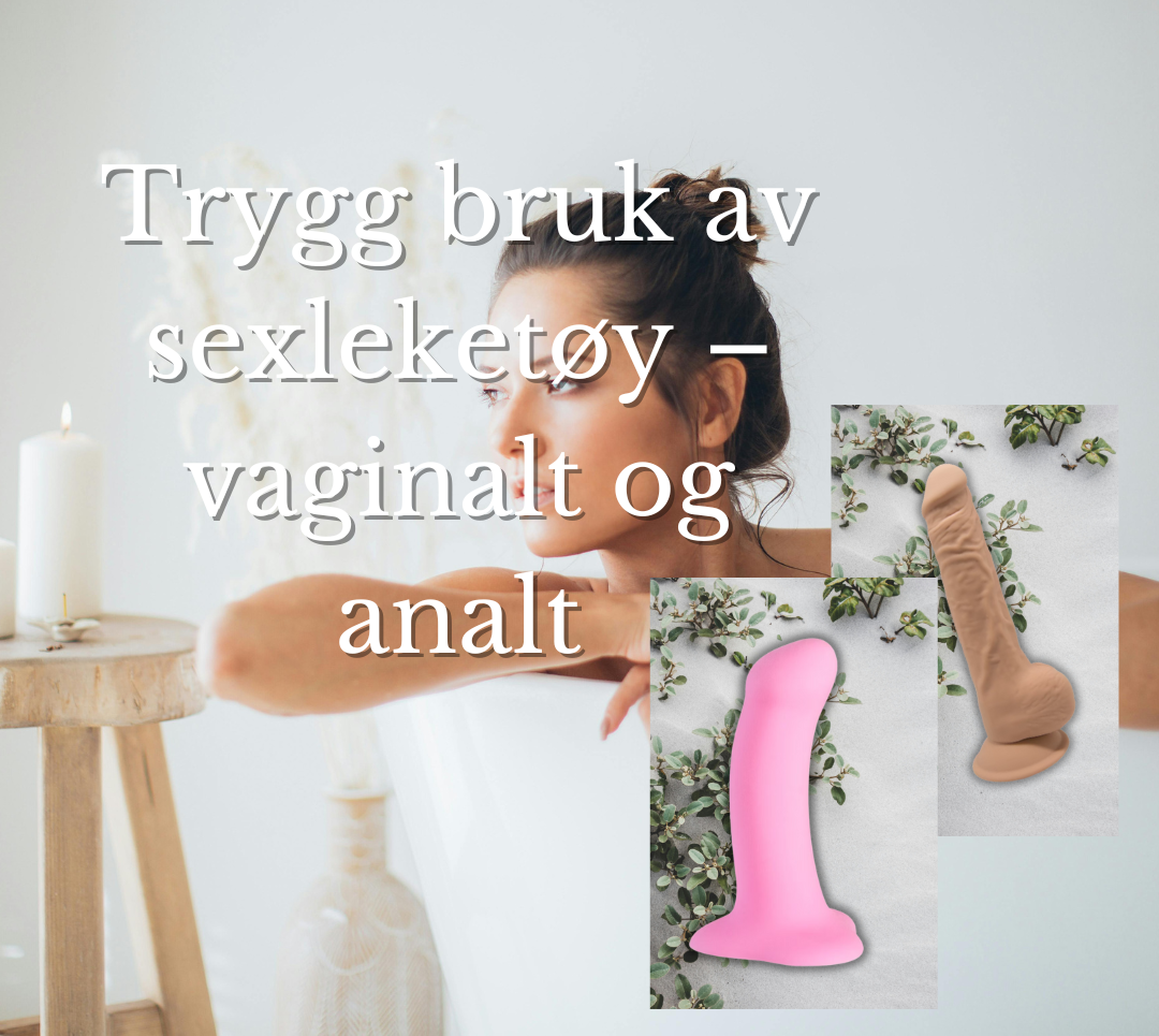 Kvinne i badekar ser tankefull ut, med to dildoer i fokus – symboliserer trygg og informert bruk av sexleketøy både vaginalt og analt.