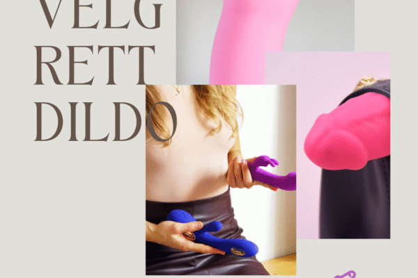 Kvinne holder ulike dildoer i hånden foran kroppen, med fokus på valg av størrelse og form – et visuelt uttrykk for å velge riktig dildo basert på egne behov. Dildoeksperten.no-logo i bunnen.