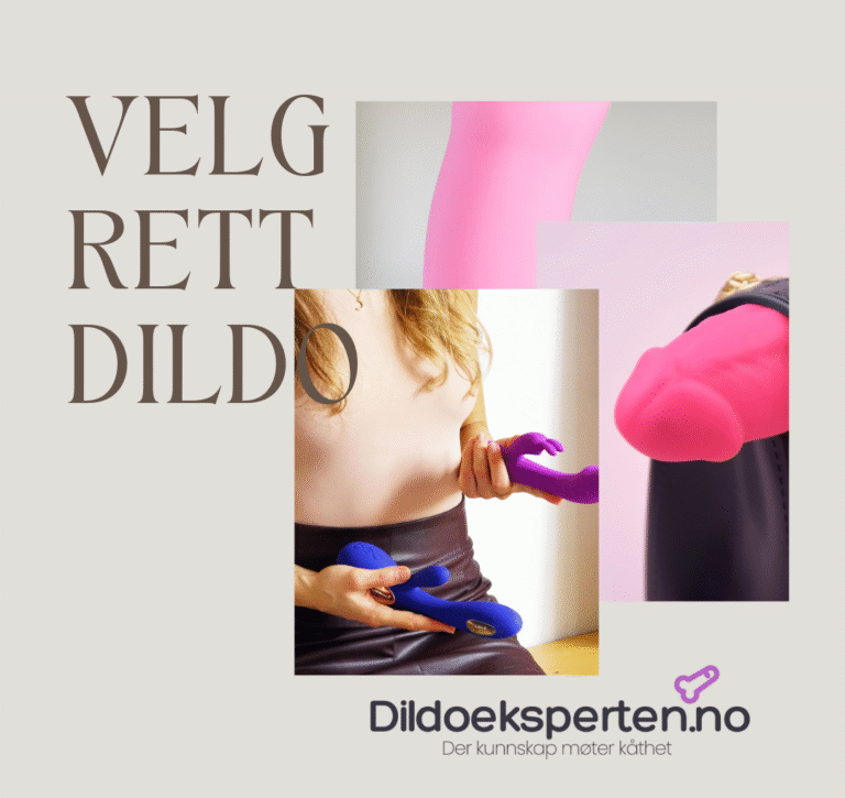 Kvinne holder ulike dildoer i hånden foran kroppen, med fokus på valg av størrelse og form – et visuelt uttrykk for å velge riktig dildo basert på egne behov. Dildoeksperten.no-logo i bunnen.