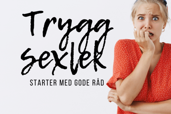 Kvinne med bekymret uttrykk og teksten "Trygg sexlek starter med gode råd" – illustrerer usikkerhet og behov for trygg veiledning ved bruk av sexleketøy.
