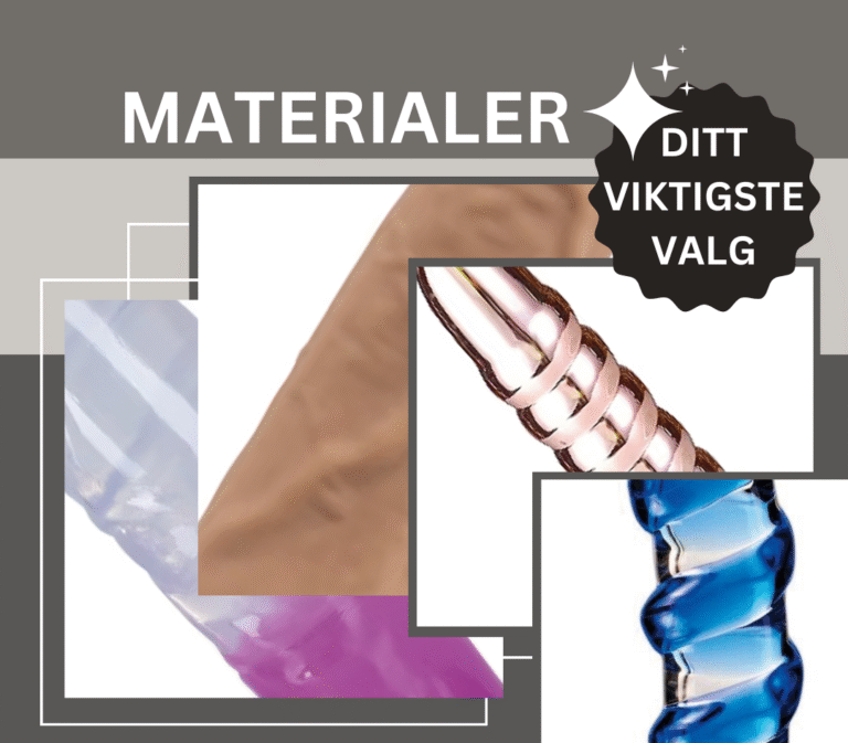 Ulike dildoer i silikon, jelly og glassmateriale – sammenligning av sexleketøymaterialer i illustrativt design med teksten "Materialer – Ditt viktigste valg".
