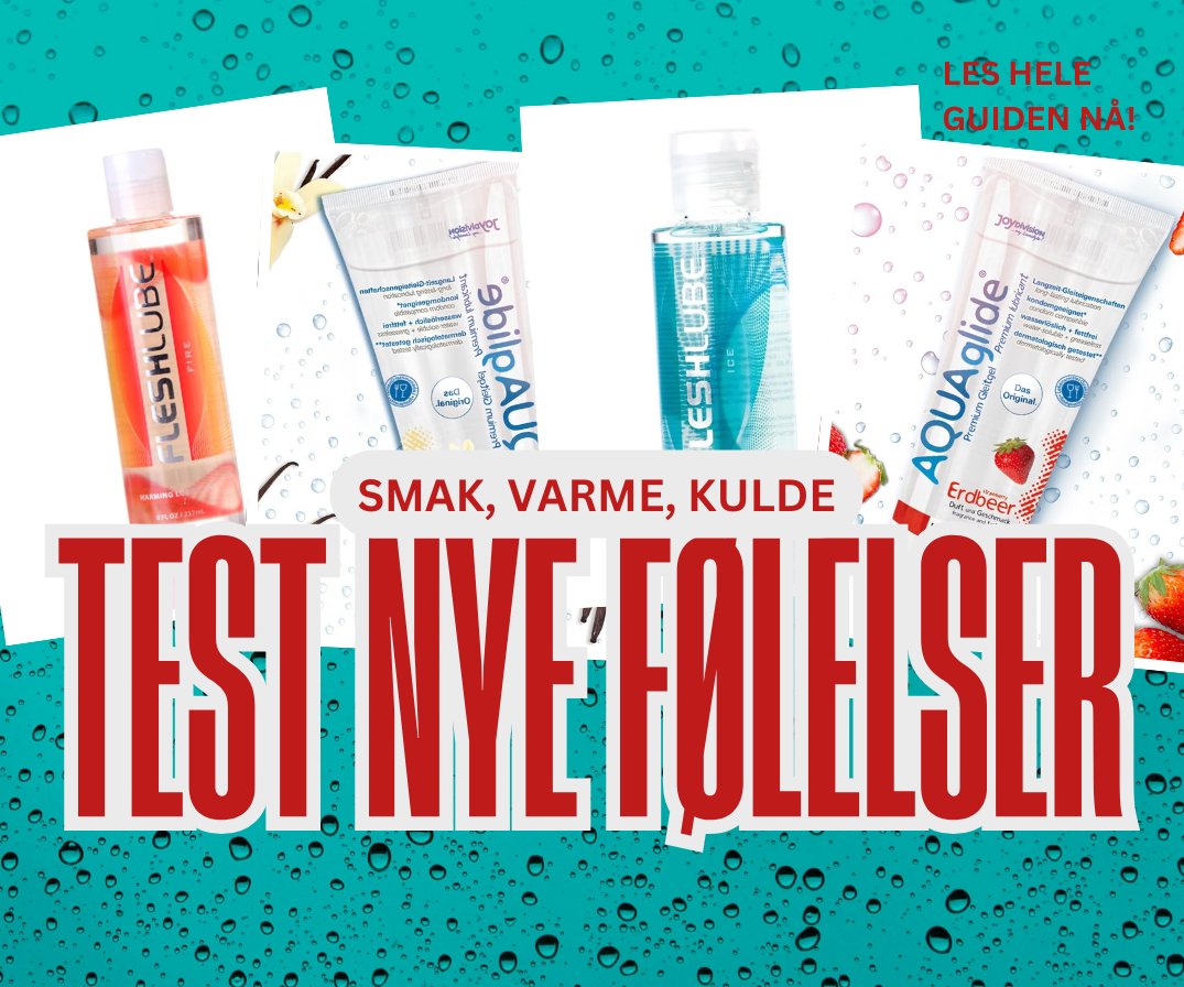 Glidemidler med smak, varme- og kjøleeffekt presentert på fargerik bakgrunn med teksten ‘Test nye følelser’. Perfekt illustrasjon til guide om glidemiddelvalg med sensoriske effekter.