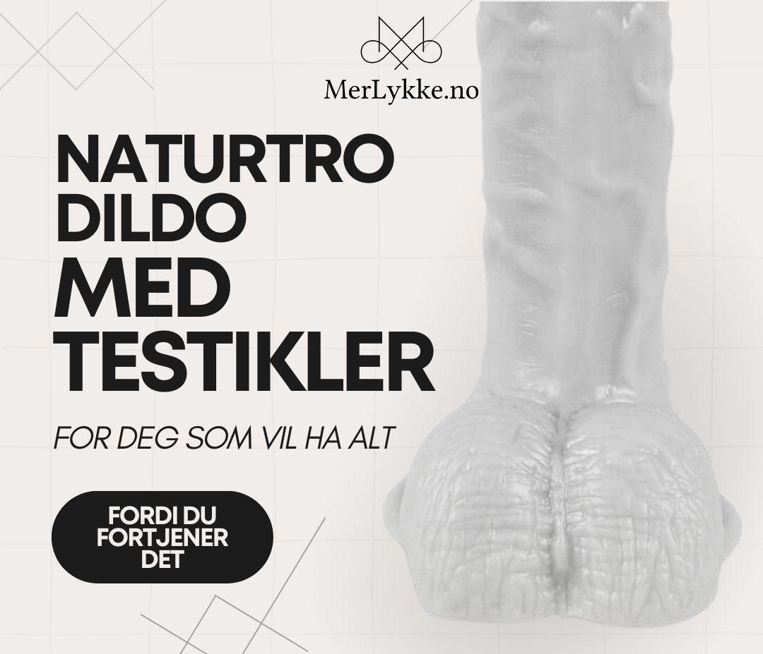 Naturtro dildo med realistiske testikler – produktbilde i høy kvalitet som fremhever form, tekstur og anatomisk design, med tekstoverlay fra MerLykke.no
