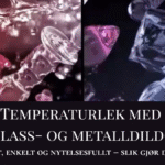 Glass- og metalldildoer presentert i rød og blå fargetone som symboliserer temperaturlek, med tekst om trygg og nytelsesfull bruk