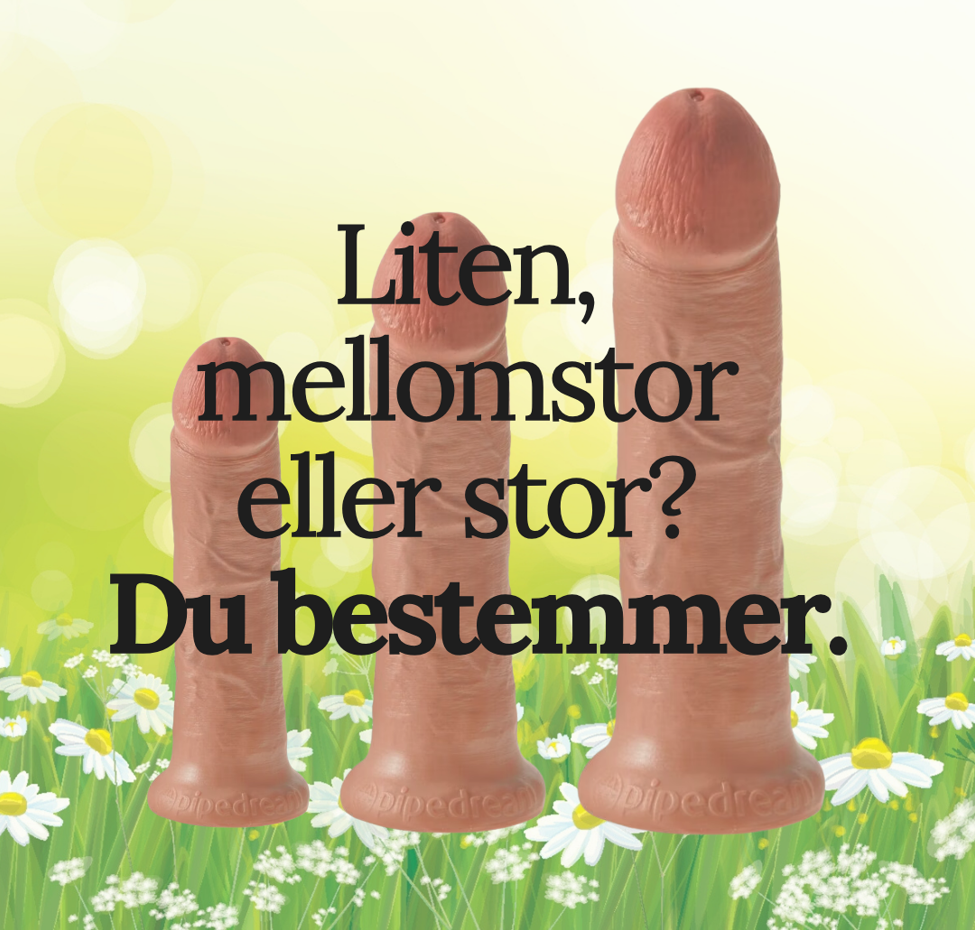 Tre naturtro dildoer i ulike størrelser vist i gress og blomstereng, med teksten “Liten, mellomstor eller stor? Du bestemmer.”