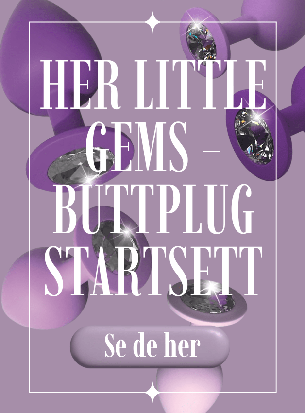 Et lilla banner med 3 buttplugger i forksjllig størrelse i forskjellige lillatoner med teksten her little gems - buttplug startsett.