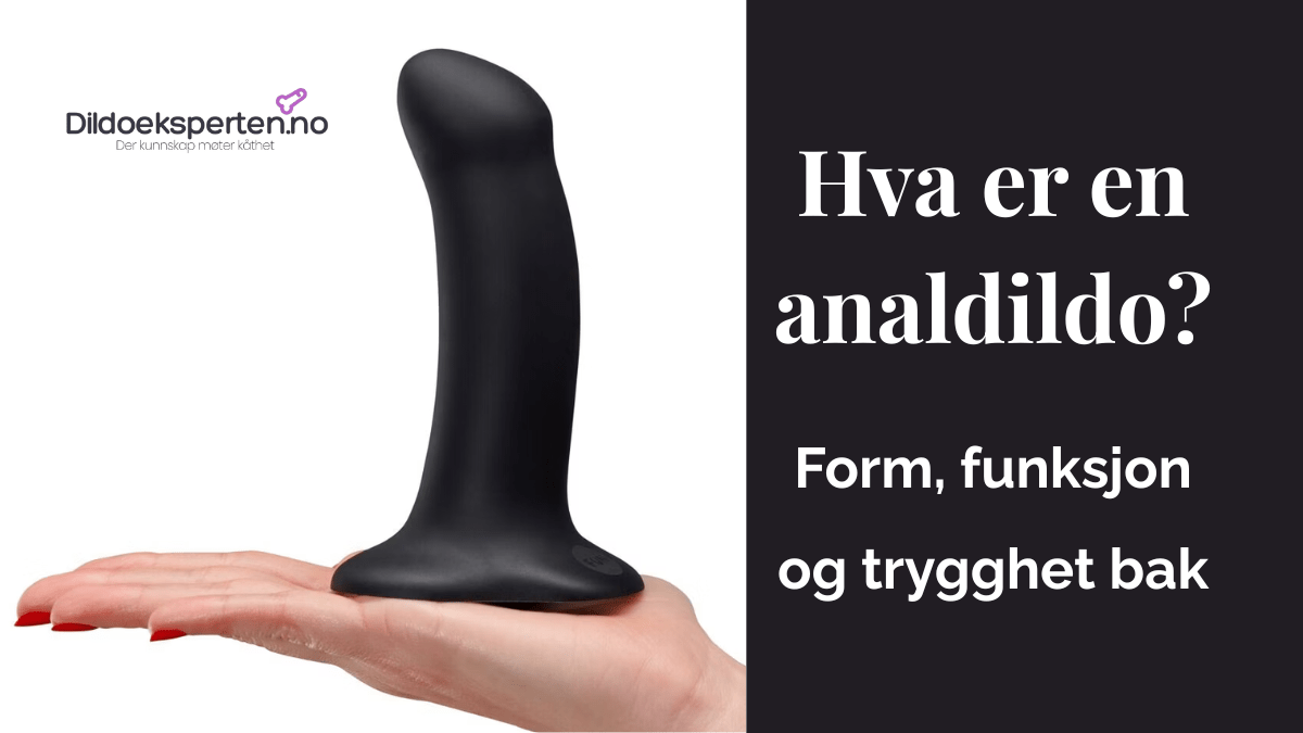 Svart analdildo med bred base, vist i en hånd mot hvit bakgrunn. Designet for trygg og anatomisk tilpasset anal bruk.
