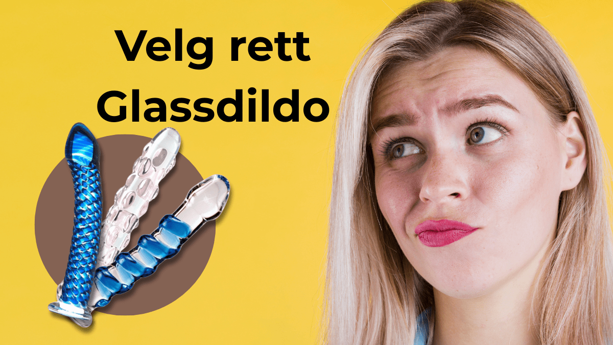 Kvinne med et undrenede blikk som lurer på hvilken glassdildo hun skal velge, riflet, rillet eller knoppet.